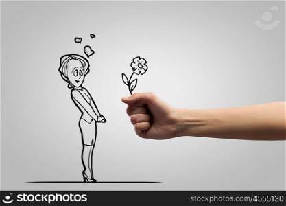 Funny caricature. Funny image of young woman presented flower by admirer