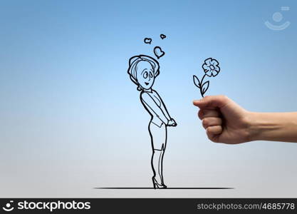 Funny caricature. Funny image of young woman presented flower by admirer