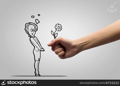 Funny caricature. Funny image of young woman presented flower by admirer