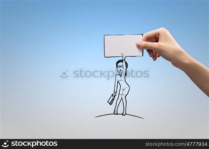 Funny caricature. Human hand and caricature of funny businesswoman with banner