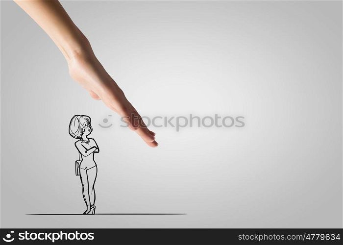 Funny caricature. Human hand and funny caricature of businesswoman