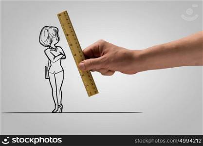 Funny caricature. Human hand measuring with ruler caricature of businesswoman