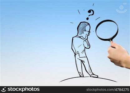 Funny caricature. Human hand with magnifying glass and caricature of businessman
