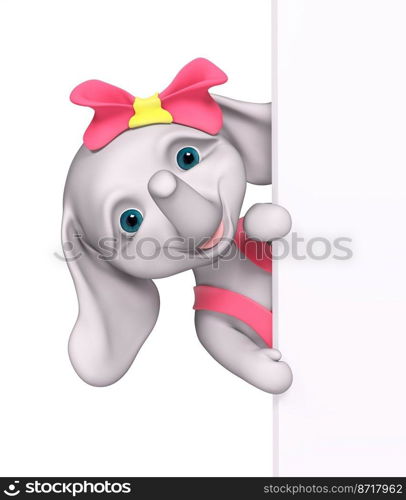 Funny cartoon character elephant behind poster isolated 3d rendering