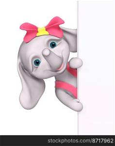 Funny cartoon character elephant behind poster isolated 3d rendering