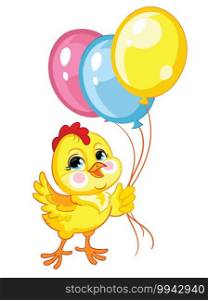 Funny cartoon chicken with balloons. Cute animal. Vector illustration for postcard, posters, nursery design, greeting card, stickers or room decor, nursery t-shirt, kids apparel, invitation, book. Little cute funny yellow chicken with balloons