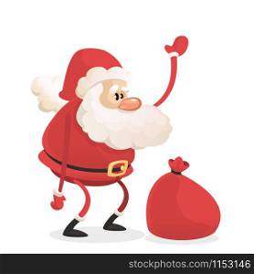 Funny cartoon Santa claus character with a red sack with gifts. Vector Christmas illustration