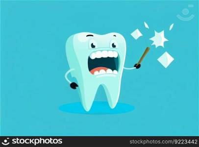 Funny cartoon tooth character on a blue background illustration. AI generative.