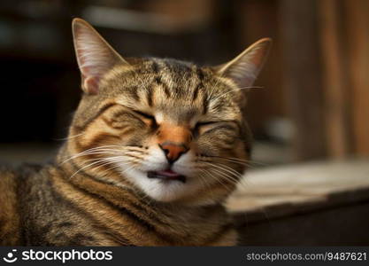Funny cat laughing. Happy and kind relaxed kitten face with happy satisfied smile. Generated AI