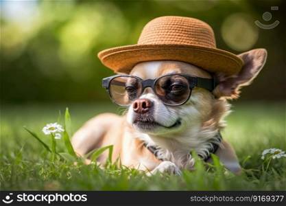 funny chihuahua dog pet in a hat and sunglasses resting in the park Generative AI.