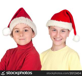 Funny child and smiling preteen with Santa Claus hat isolated on a over white background