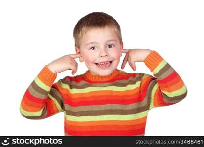 Funny child covering his ears isolated on a white background