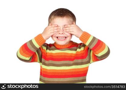 Funny child covering his eyes isolated on a white background