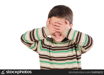 Funny child covering his eyes on a over white background
