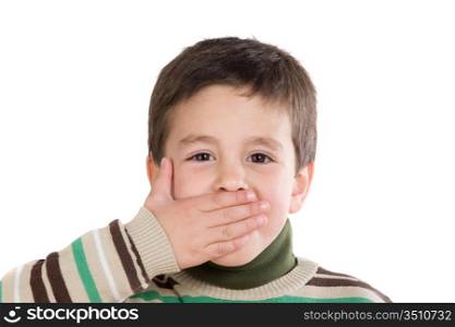 Funny child covering his mouth on a over white background