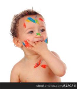 Funny child dirty with paint. Funny child dirty with paint isolated on a white background