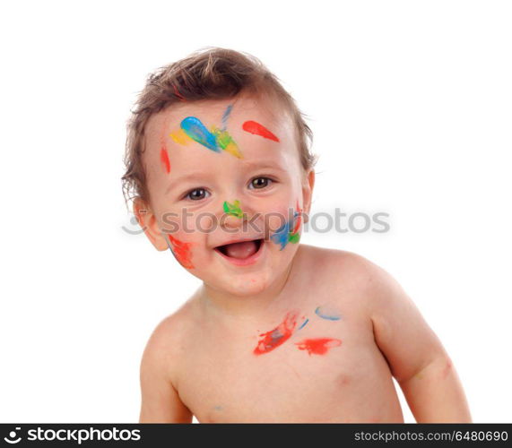 Funny child dirty with paint. Funny child dirty with paint isolated on a white background