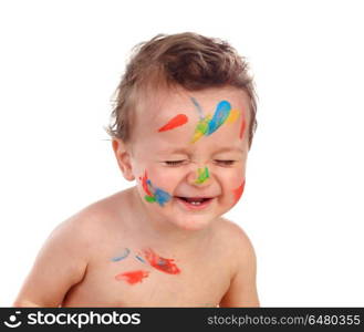 Funny child dirty with paint isolated on a white background. Funny child dirty with paint