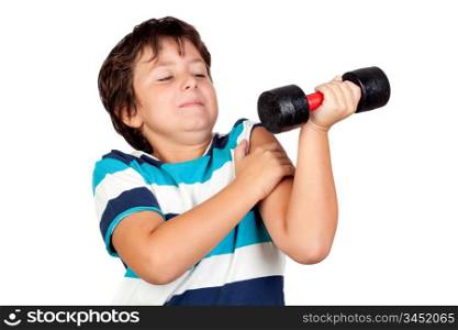 Funny child playing sports with weights isolated on white background