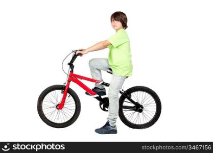 Funny child practicing bike isolated on white background