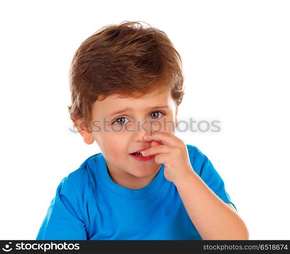 Funny child scratching his nose. Funny child scratching his nose isolated on a white background