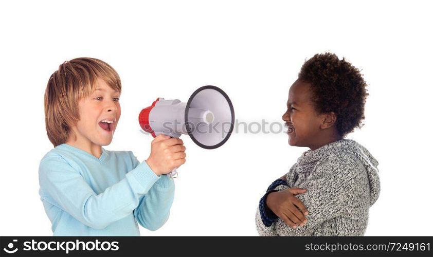 Funny child shouting through a megaphone to his friend. Isolated on white background