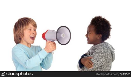 Funny child shouting through a megaphone to his friend. Isolated on white background