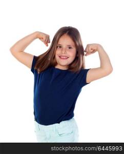 Funny child showing her muscles isolated on a white background