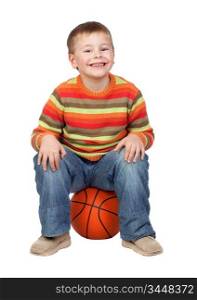 Funny child with a basketball isolated on white background