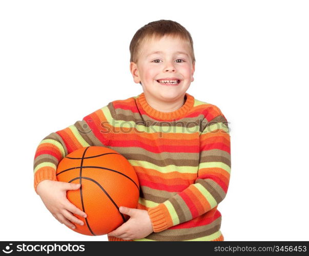 Funny child with a basketball isolated on white background