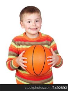 Funny child with a basketball isolated on white background