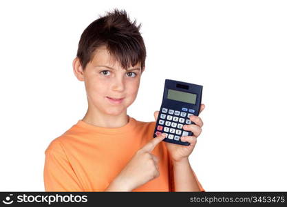 Funny child with a calculator isolated on white background