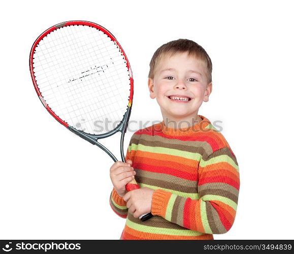Funny child with a tennis racket isolated on white background