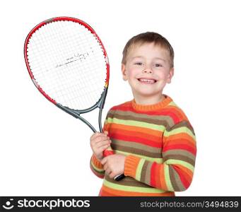 Funny child with a tennis racket isolated on white background