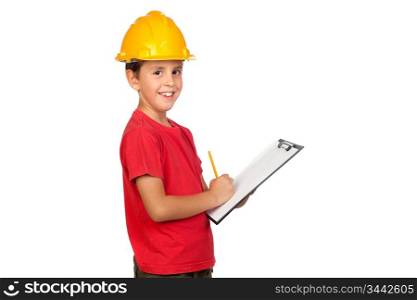 Funny child with a yellow helmet isolated on a over white background