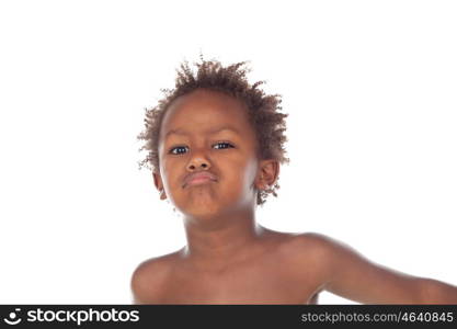 Funny child with angry face shirtless isolated on white background