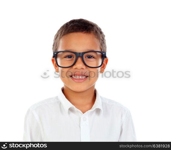 Funny child with big glasses isolated on a white background