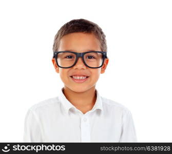 Funny child with big glasses isolated on a white background