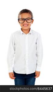 Funny child with big glasses isolated on a white background
