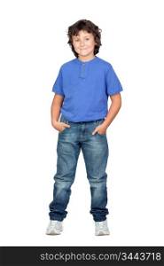 Funny child with blue shirt isolated on white background
