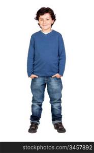 Funny child with blue shirt isolated on white background