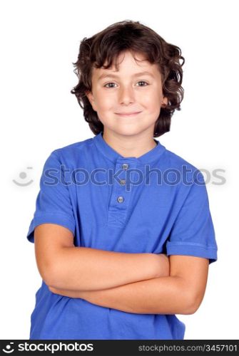 Funny child with blue t-shirt isolated on white background