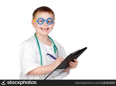 Funny child with doctor uniform isolated on white