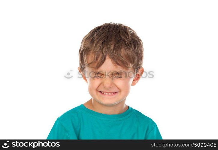 Funny child with eyes closed isolated on a white background
