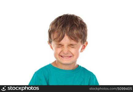 Funny child with eyes closed isolated on a white background