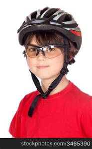 Funny child with glasses and a bicycle helmet isolated on white background