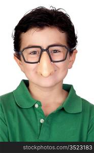 Funny child with glasses and nose joke isolated on white background