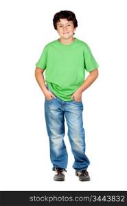 Funny child with green t-shirt isolated on white background