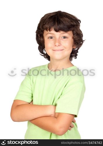 Funny child with green t-shirt isolated on white background