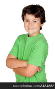 Funny child with green t-shirt isolated on white background